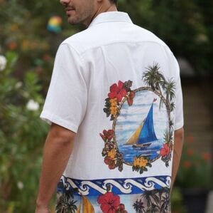 Caribbean Men' Shirt Size L  Linen Blend Short Sleeve button Up White (44)